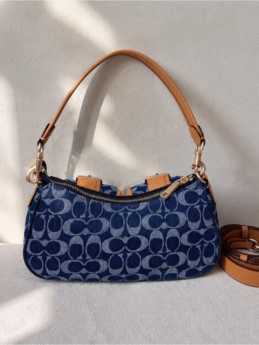 Coach Denim Signature Jacquard Shoulder Bag with Tan Leather Trim - Picture 4 of 4
